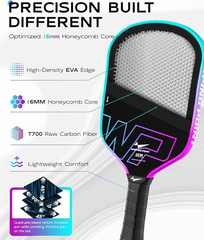 image-Neon Pickleball Paddle 16mm Core in blue, purple, violet Warping Point