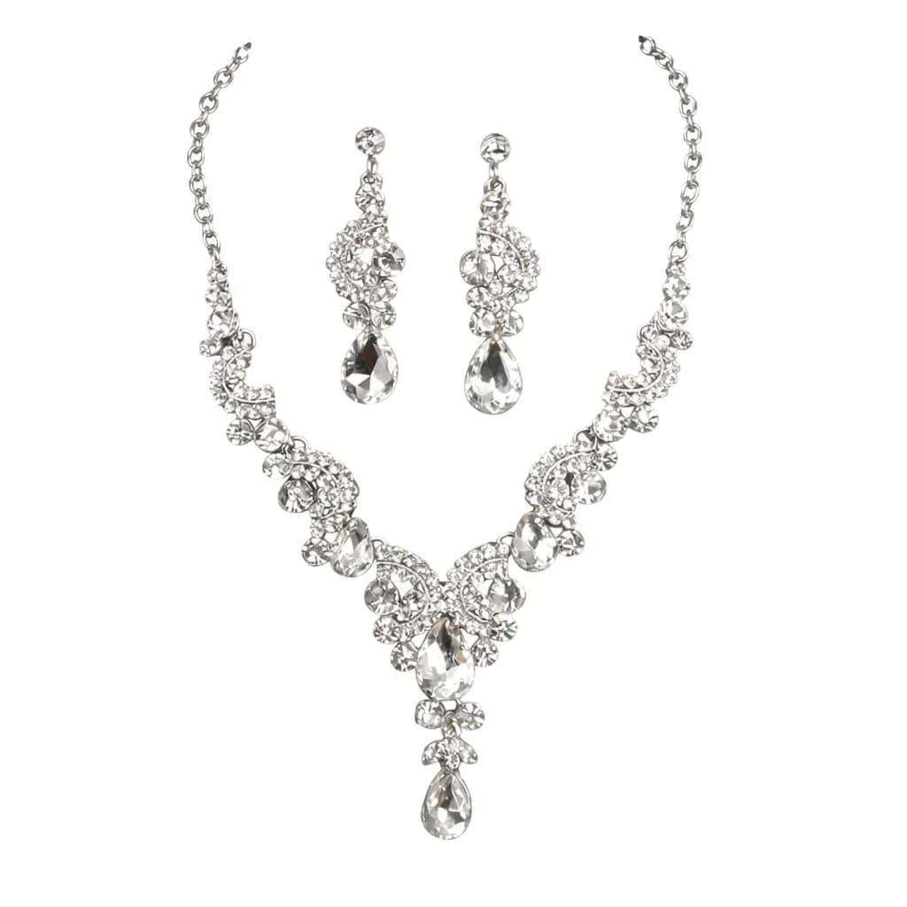 image-Elegant Silver Crystal Necklace and Earrings Set