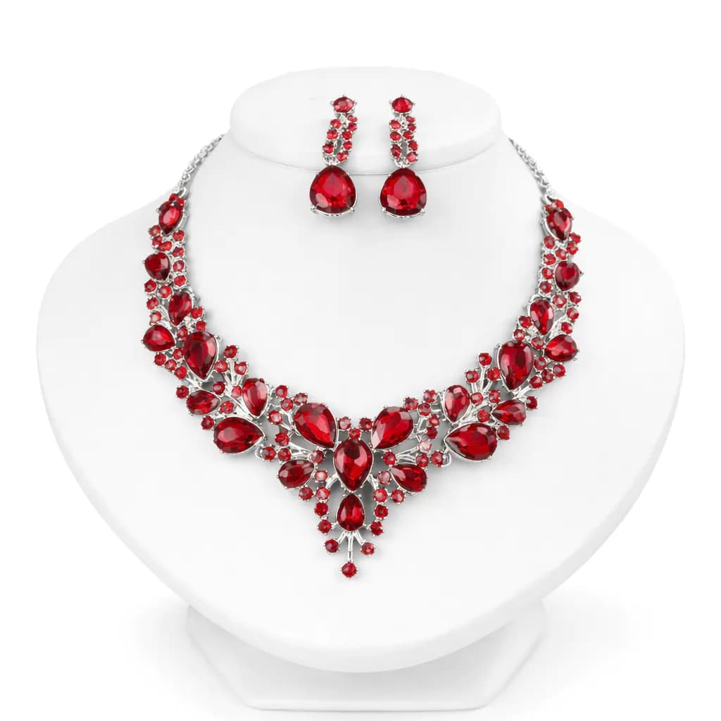image-Red Ruby Crystal Silver Bridal Jewelry Set