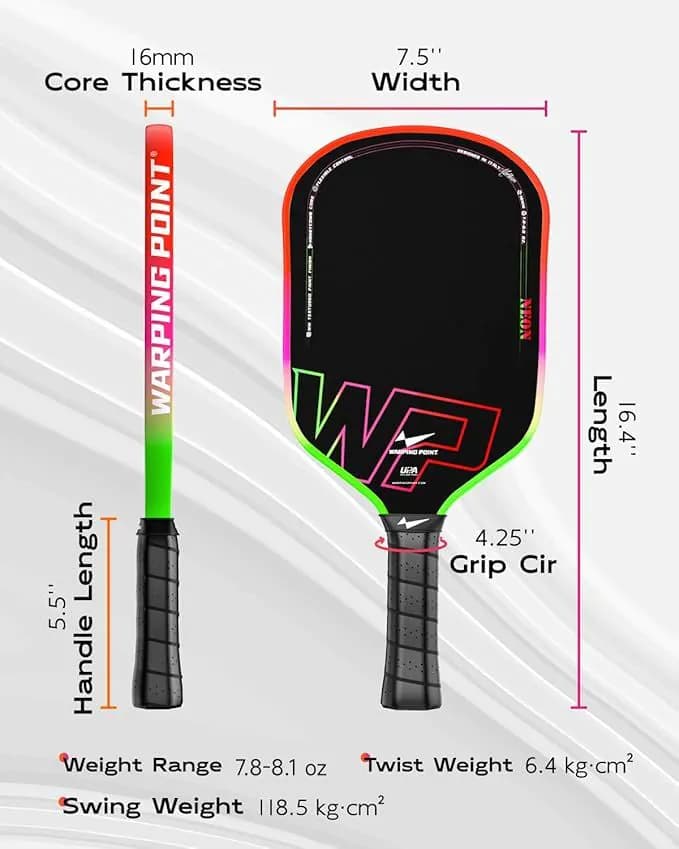 image-Neon Pickleball Paddle 16mm Core in Green, Pink & Orange Warping Point