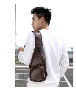 image-Wholesale USB men's chest bag portable rechargeable casual oblique bag outdoor sports pu chest bag one generation