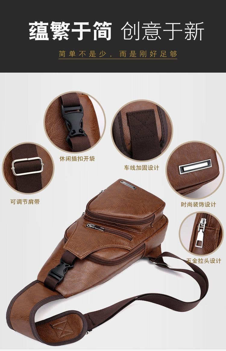 image-Wholesale USB men's chest bag portable rechargeable casual oblique bag outdoor sports pu chest bag one generation