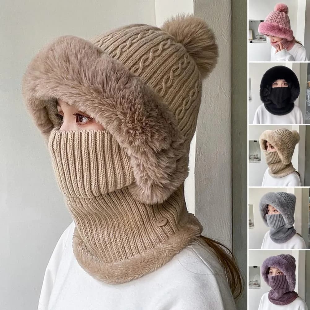 image-Knitted Hat Pompom Plush Ears Protection Solid Color Autumn Winter