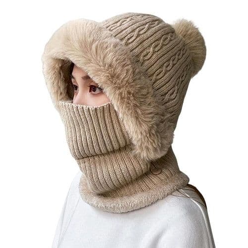 image-Knitted Hat Pompom Plush Ears Protection Solid Color Autumn Winter