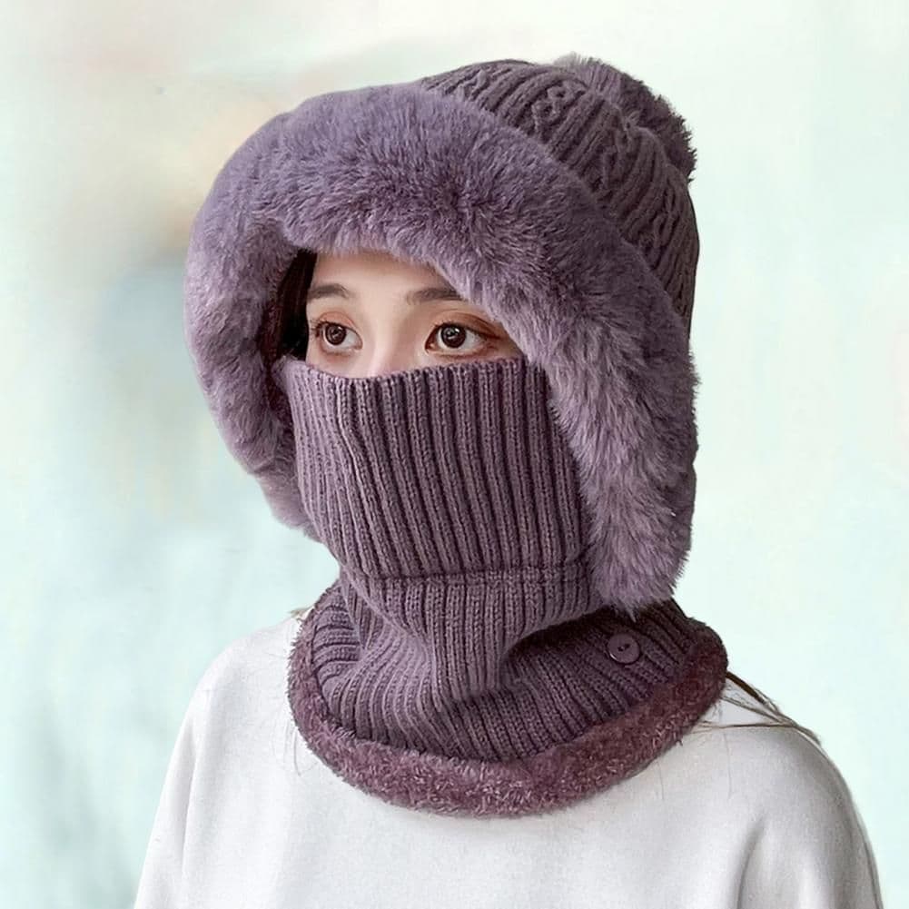 image-Knitted Hat Pompom Plush Ears Protection Solid Color Autumn Winter