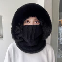 image-Knitted Hat Pompom Plush Ears Protection Solid Color Autumn Winter