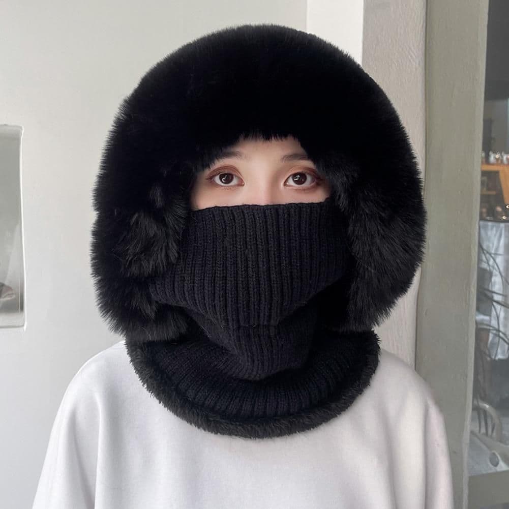 image-Knitted Hat Pompom Plush Ears Protection Solid Color Autumn Winter