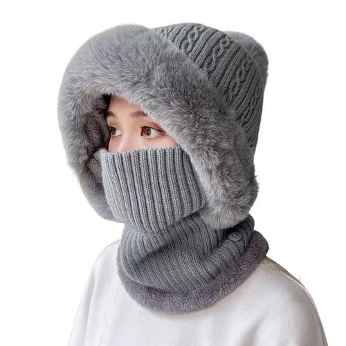 image-Knitted Hat Pompom Plush Ears Protection Solid Color Autumn Winter