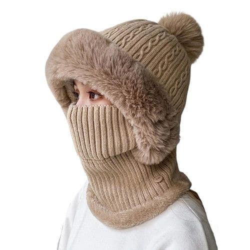 image-Knitted Hat Pompom Plush Ears Protection Solid Color Autumn Winter
