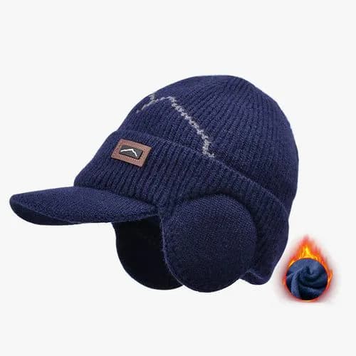 image-Men's Winter Visor Beanie With Earflap Warm Fleece Lined Knitted Ear