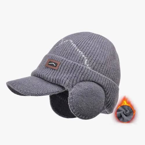 image-Men's Winter Visor Beanie With Earflap Warm Fleece Lined Knitted Ear