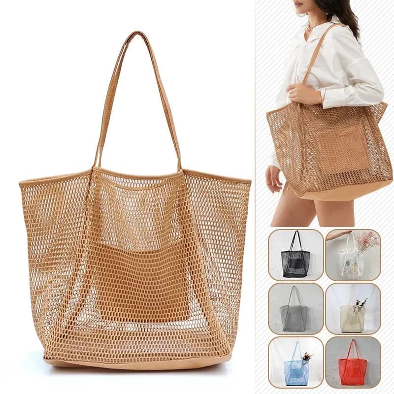 image-Spring Summer Solid Color Hollow Mesh Tote Bag Large Capacity Travel