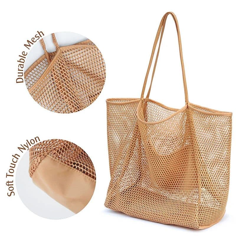 image-Spring Summer Solid Color Hollow Mesh Tote Bag Large Capacity Travel