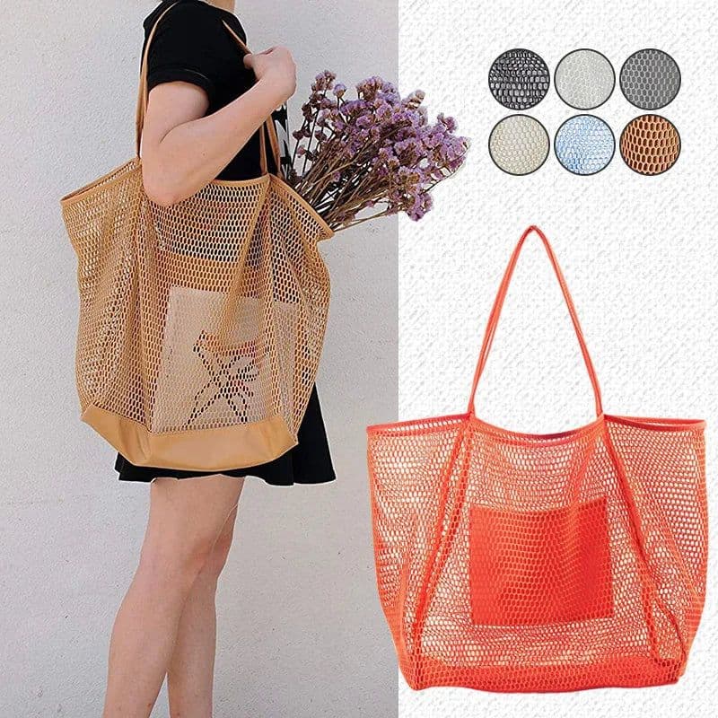 image-Spring Summer Solid Color Hollow Mesh Tote Bag Large Capacity Travel
