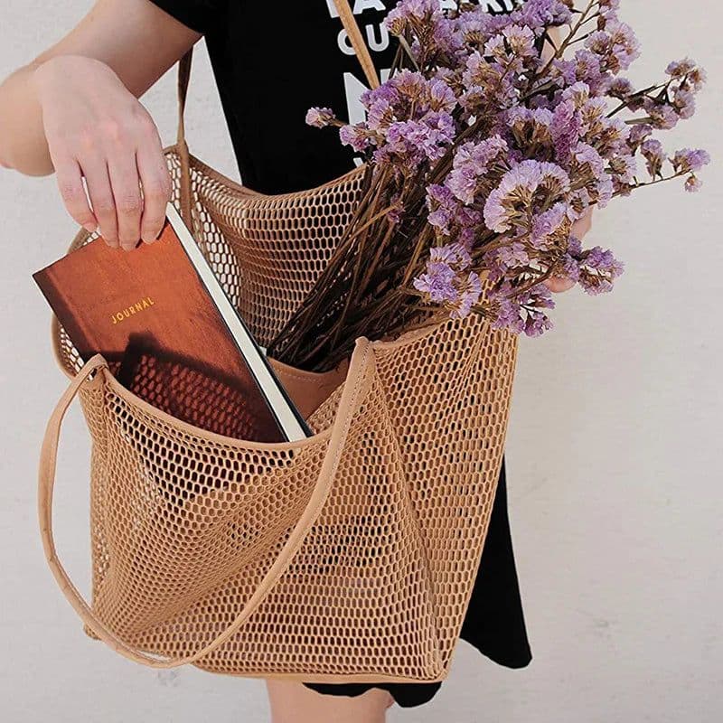 image-Spring Summer Solid Color Hollow Mesh Tote Bag Large Capacity Travel