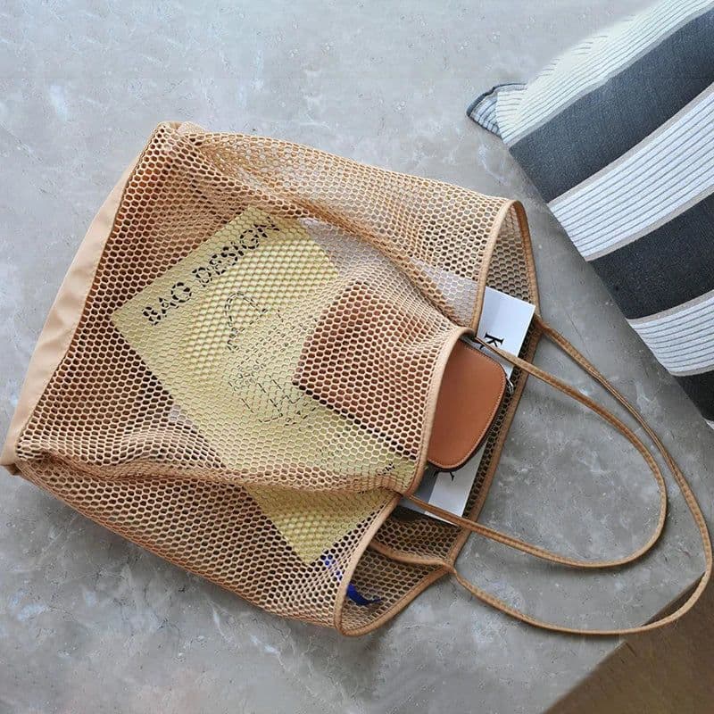 image-Spring Summer Solid Color Hollow Mesh Tote Bag Large Capacity Travel