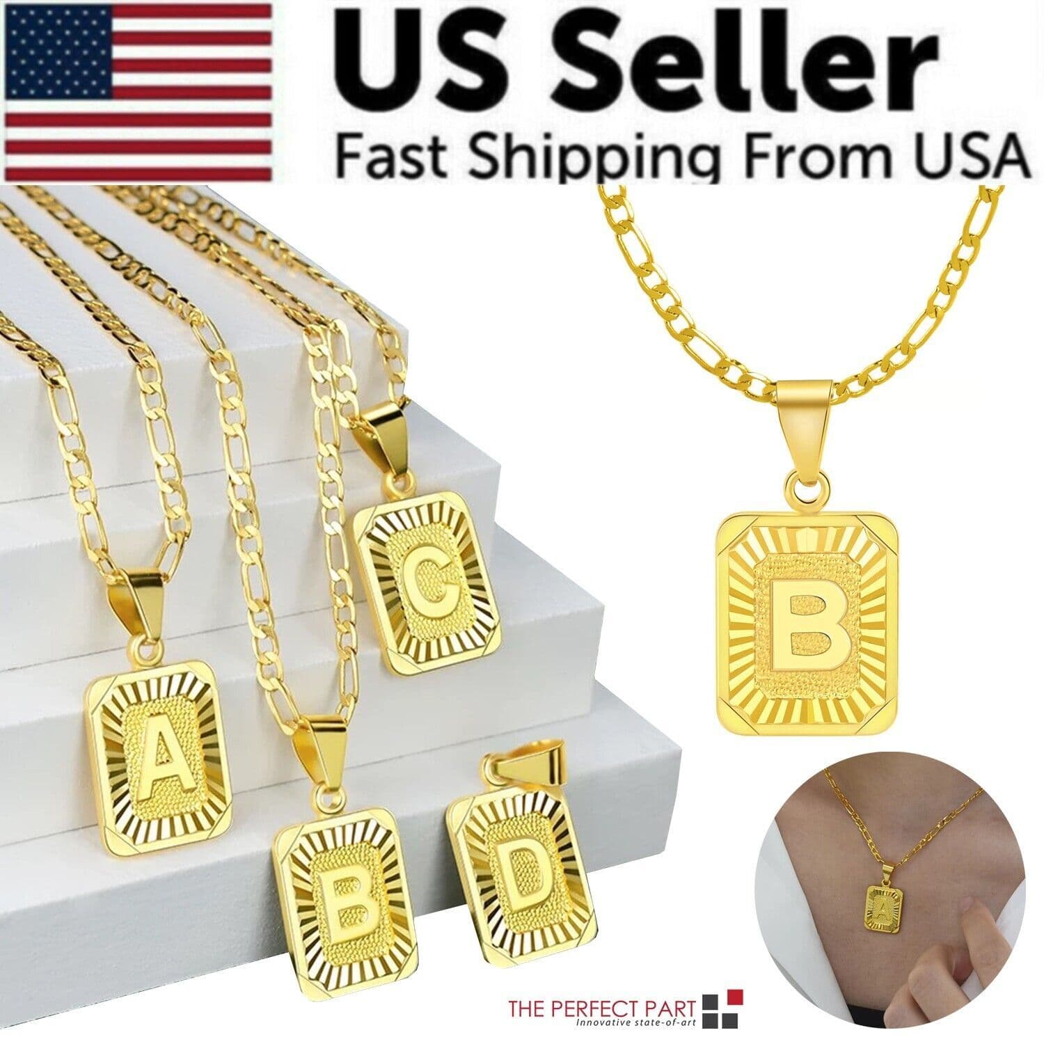 image-18" Gold Plated Initial Letter Pendant Necklace Stainless Steel Figaro