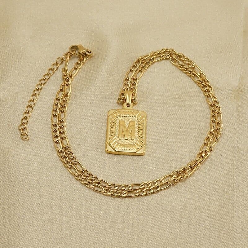 image-18" Gold Plated Initial Letter Pendant Necklace Stainless Steel Figaro