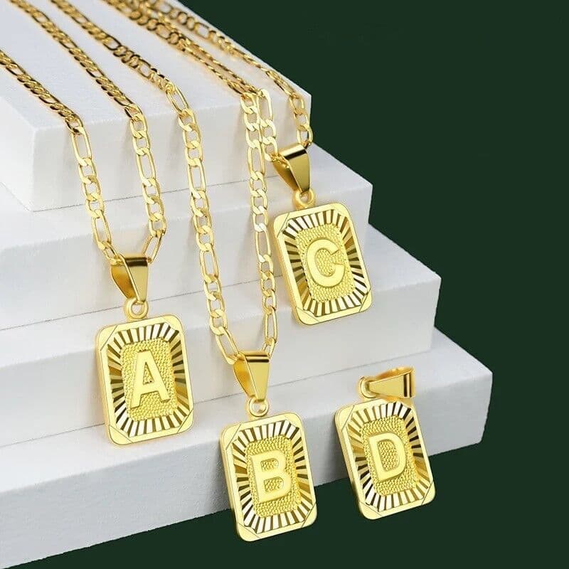 image-18" Gold Plated Initial Letter Pendant Necklace Stainless Steel Figaro