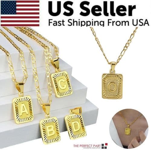 image-18" Gold Plated Initial Letter Pendant Necklace Stainless Steel Figaro