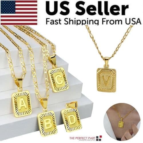 image-18" Gold Plated Initial Letter Pendant Necklace Stainless Steel Figaro