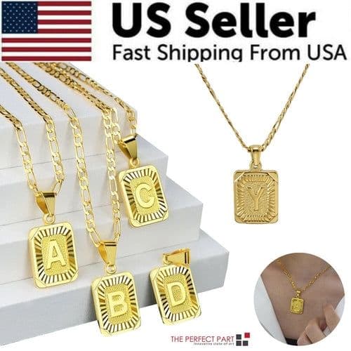 image-18" Gold Plated Initial Letter Pendant Necklace Stainless Steel Figaro