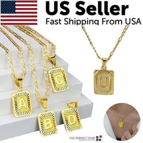 image-18" Gold Plated Initial Letter Pendant Necklace Stainless Steel Figaro