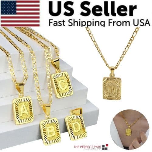 image-18" Gold Plated Initial Letter Pendant Necklace Stainless Steel Figaro