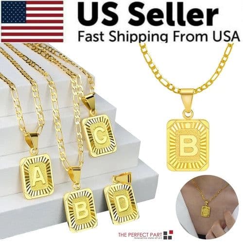 image-18" Gold Plated Initial Letter Pendant Necklace Stainless Steel Figaro