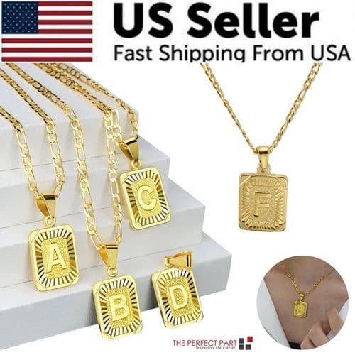 image-18" Gold Plated Initial Letter Pendant Necklace Stainless Steel Figaro