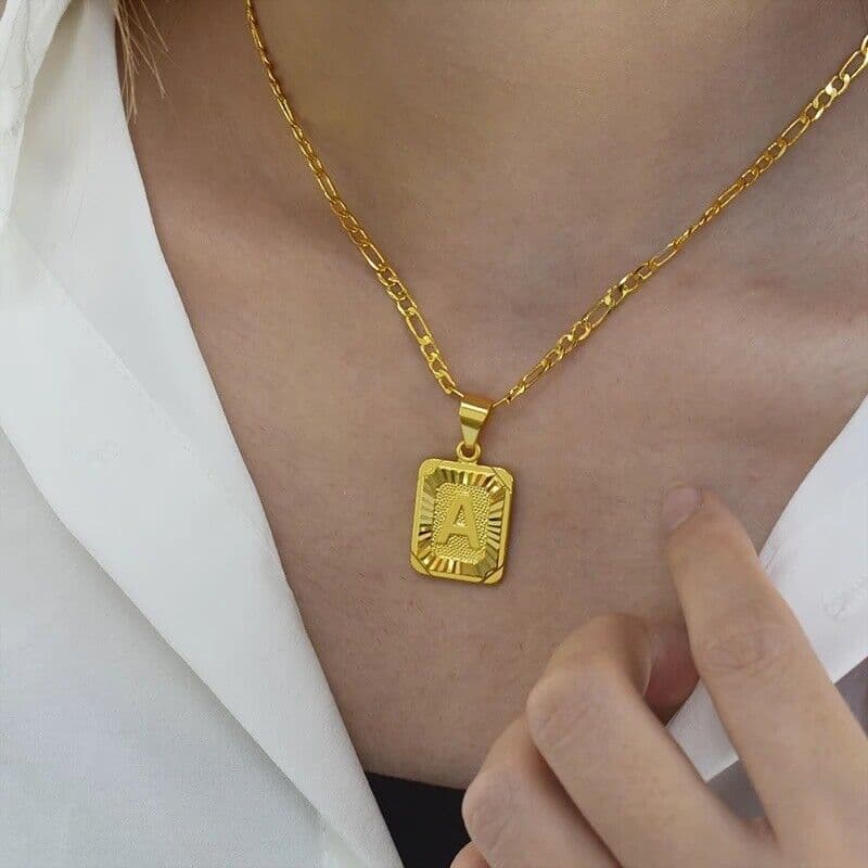image-18" Gold Plated Initial Letter Pendant Necklace Stainless Steel Figaro