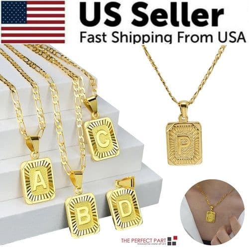 image-18" Gold Plated Initial Letter Pendant Necklace Stainless Steel Figaro
