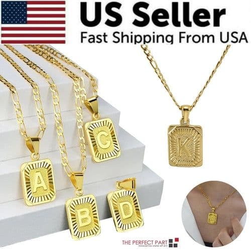 image-18" Gold Plated Initial Letter Pendant Necklace Stainless Steel Figaro
