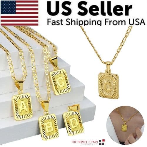 image-18" Gold Plated Initial Letter Pendant Necklace Stainless Steel Figaro