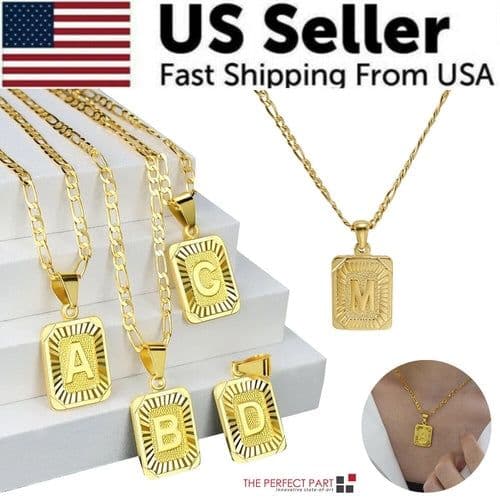 image-18" Gold Plated Initial Letter Pendant Necklace Stainless Steel Figaro