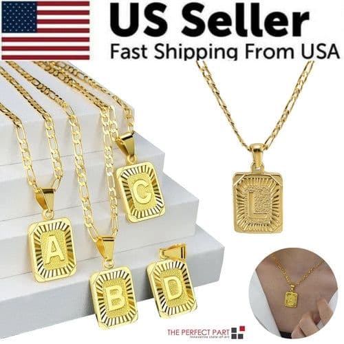 image-18" Gold Plated Initial Letter Pendant Necklace Stainless Steel Figaro