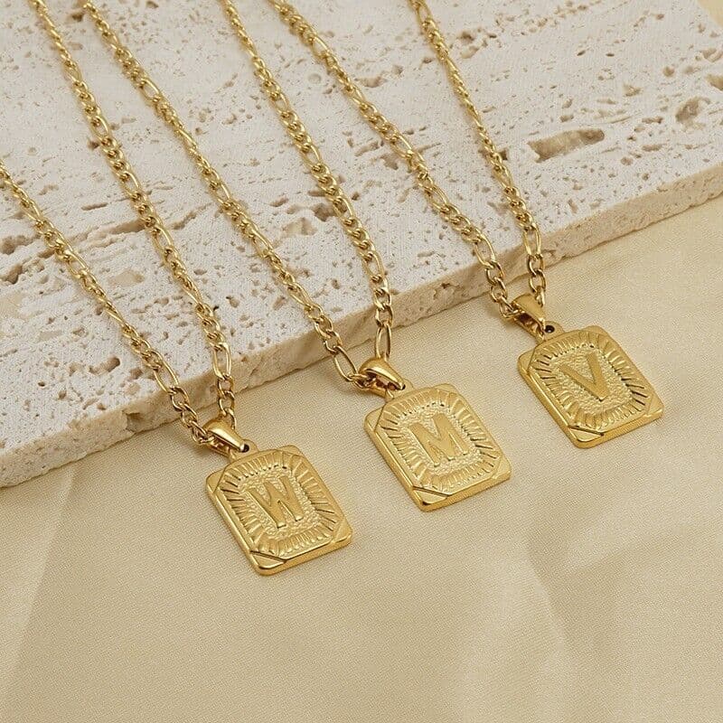 image-18" Gold Plated Initial Letter Pendant Necklace Stainless Steel Figaro
