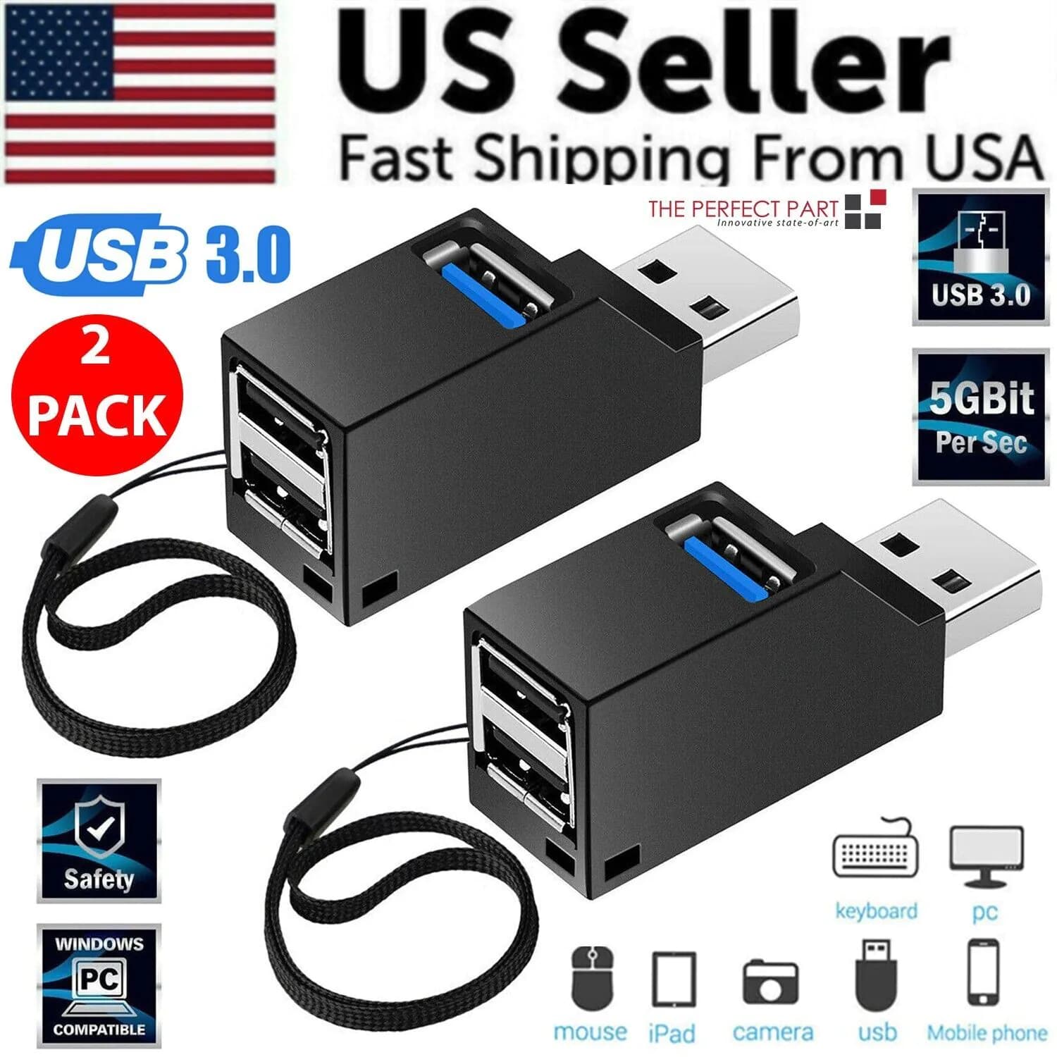 image-2 Pcs 3 Port USB 3.0 Hub Portable High Speed Splitter Box For PC