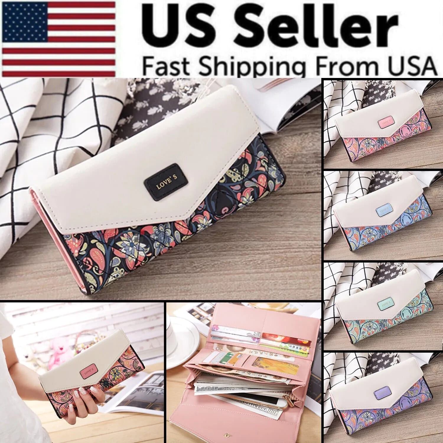 image-Fashion Women Leather Envelope Clutch Wallet Long Card Holder Purse