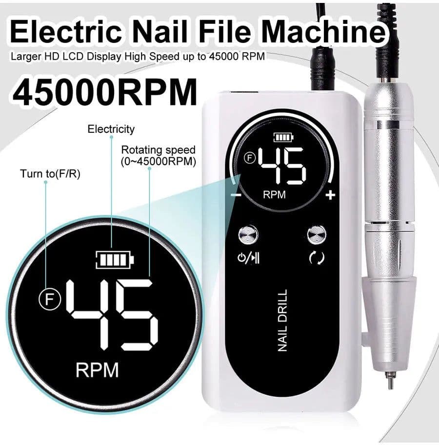 image-45000RPM Rechargeable Nail Drill Machine with LCD Low Noise
