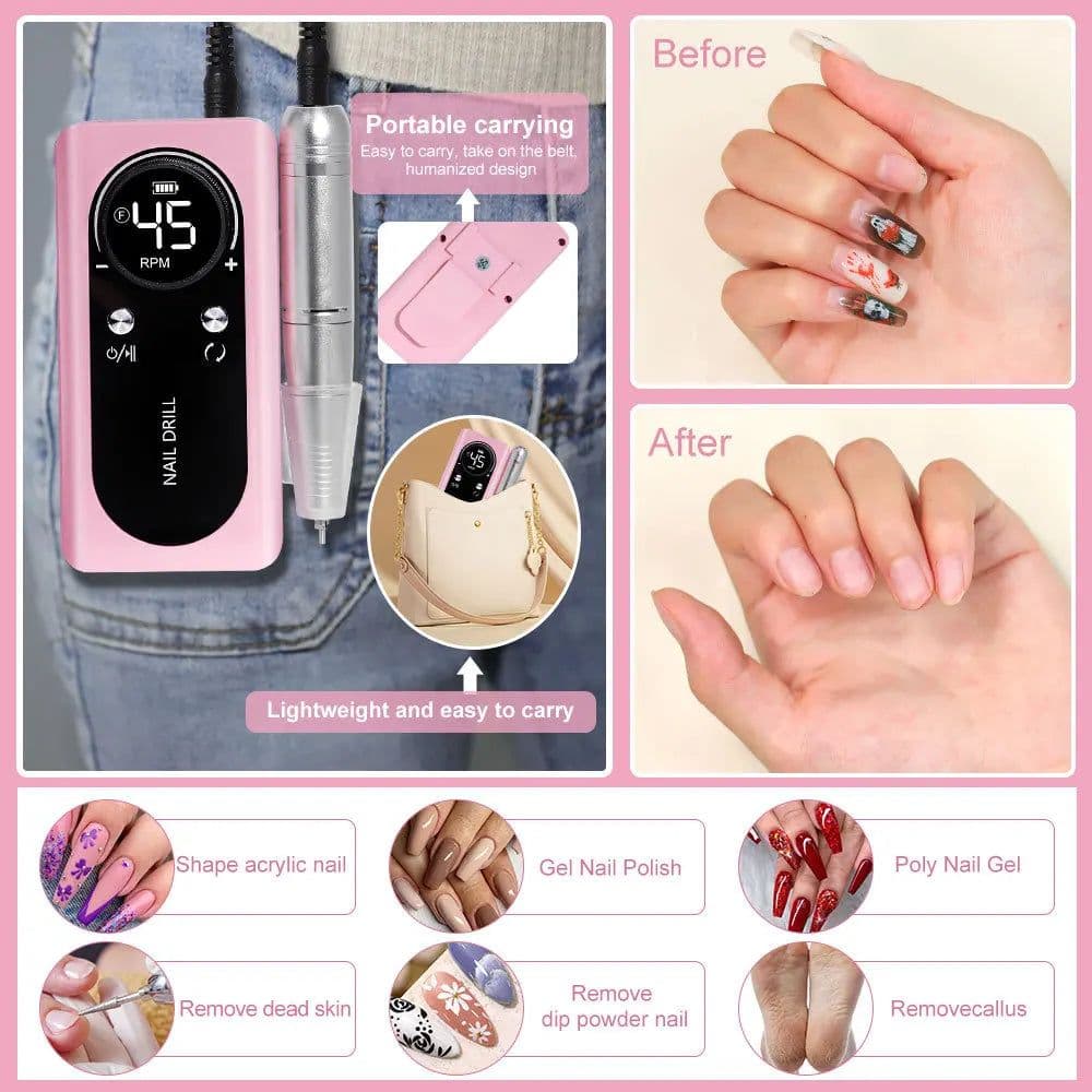 image-45000RPM Rechargeable Nail Drill Machine with LCD Low Noise