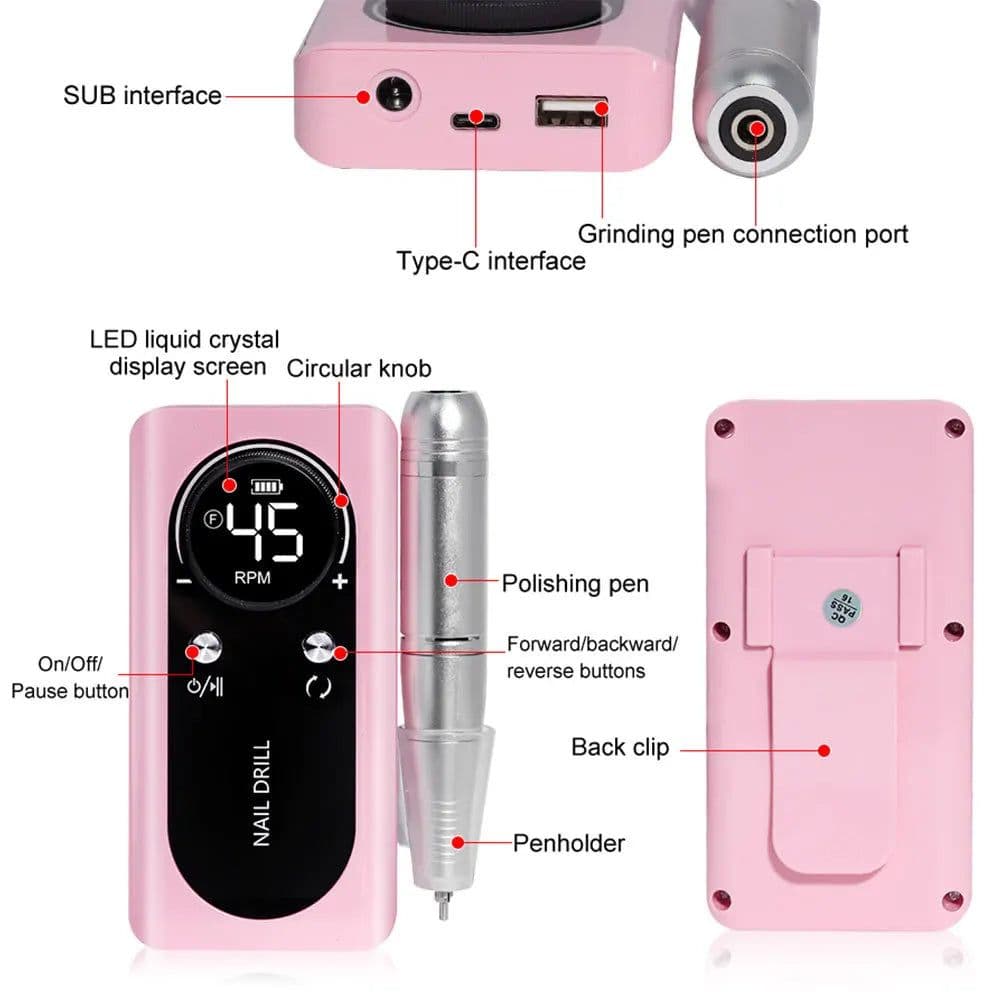 image-45000RPM Rechargeable Nail Drill Machine with LCD Low Noise
