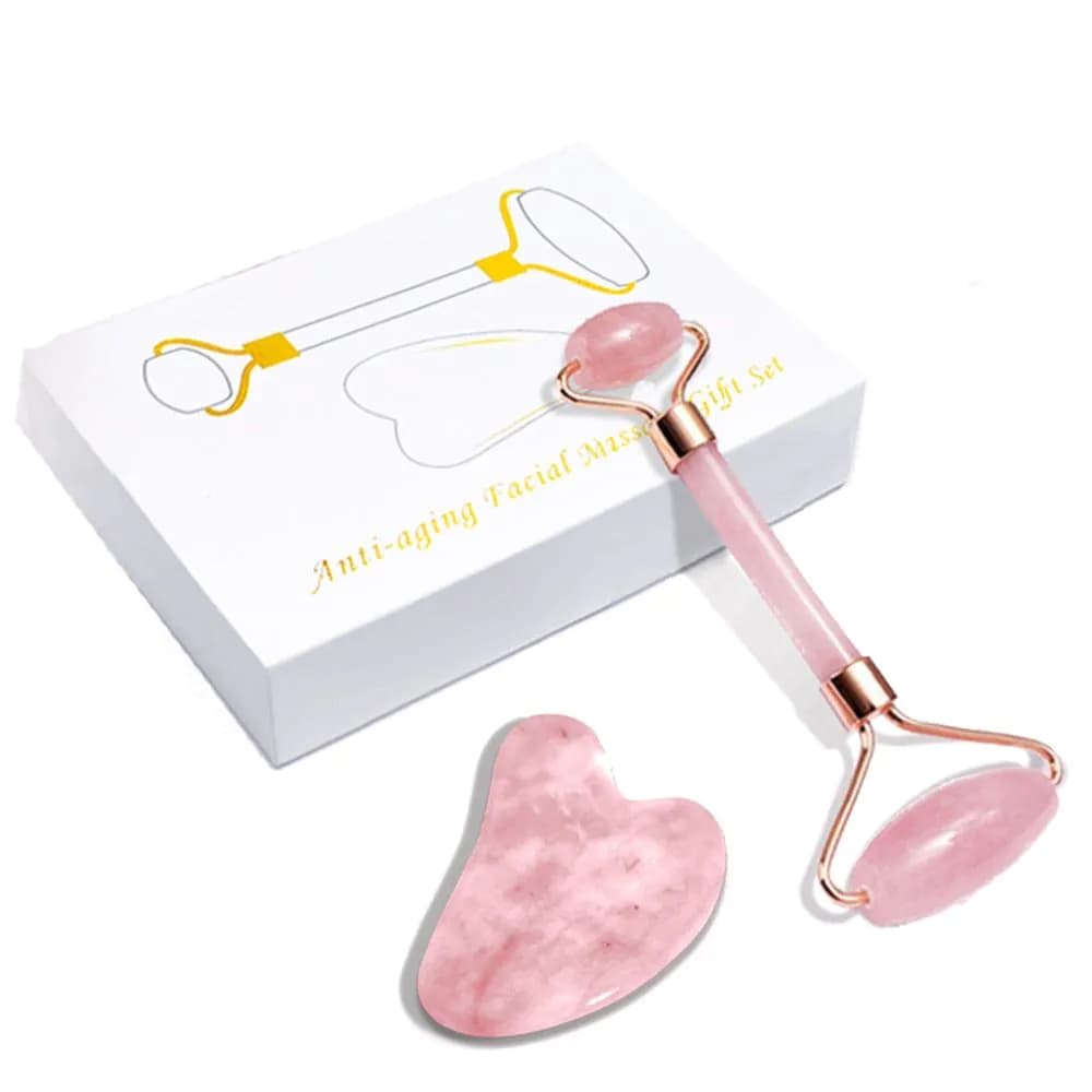 image-GuaSha Massage Roller Scraper Natural Rose Quartz Face Lifting Body