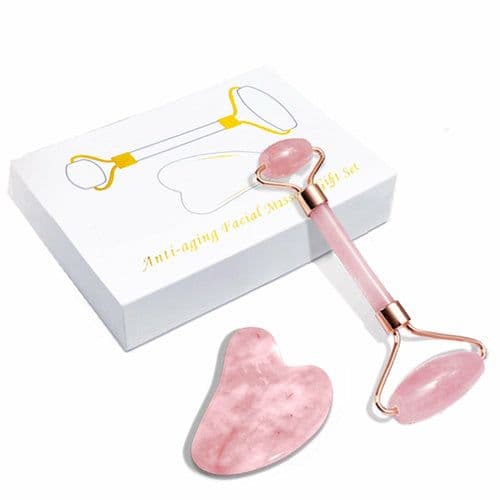 image-GuaSha Massage Roller Scraper Natural Rose Quartz Face Lifting Body