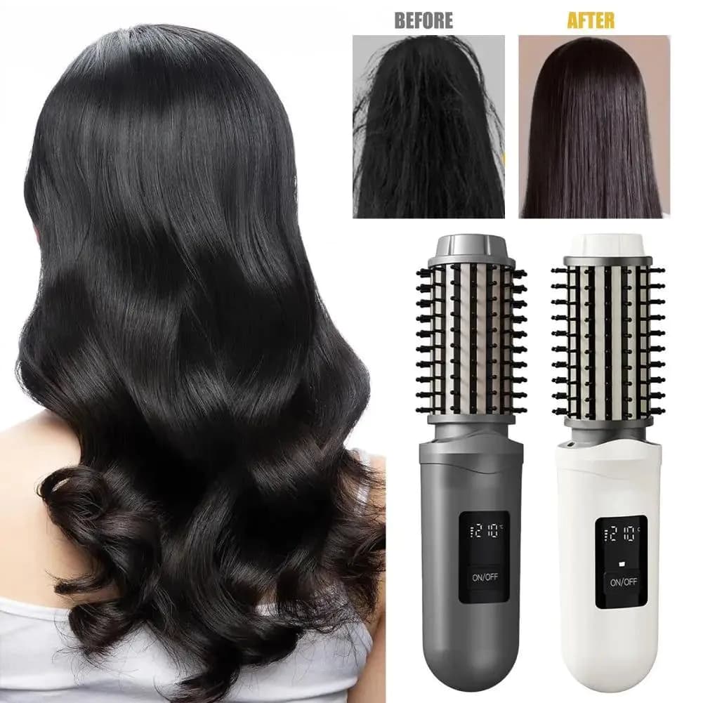 image-Cordless Hair Curling Iron Brush USB Rechargeable Travel Heated Round
