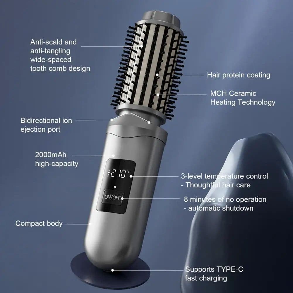 image-Cordless Hair Curling Iron Brush USB Rechargeable Travel Heated Round