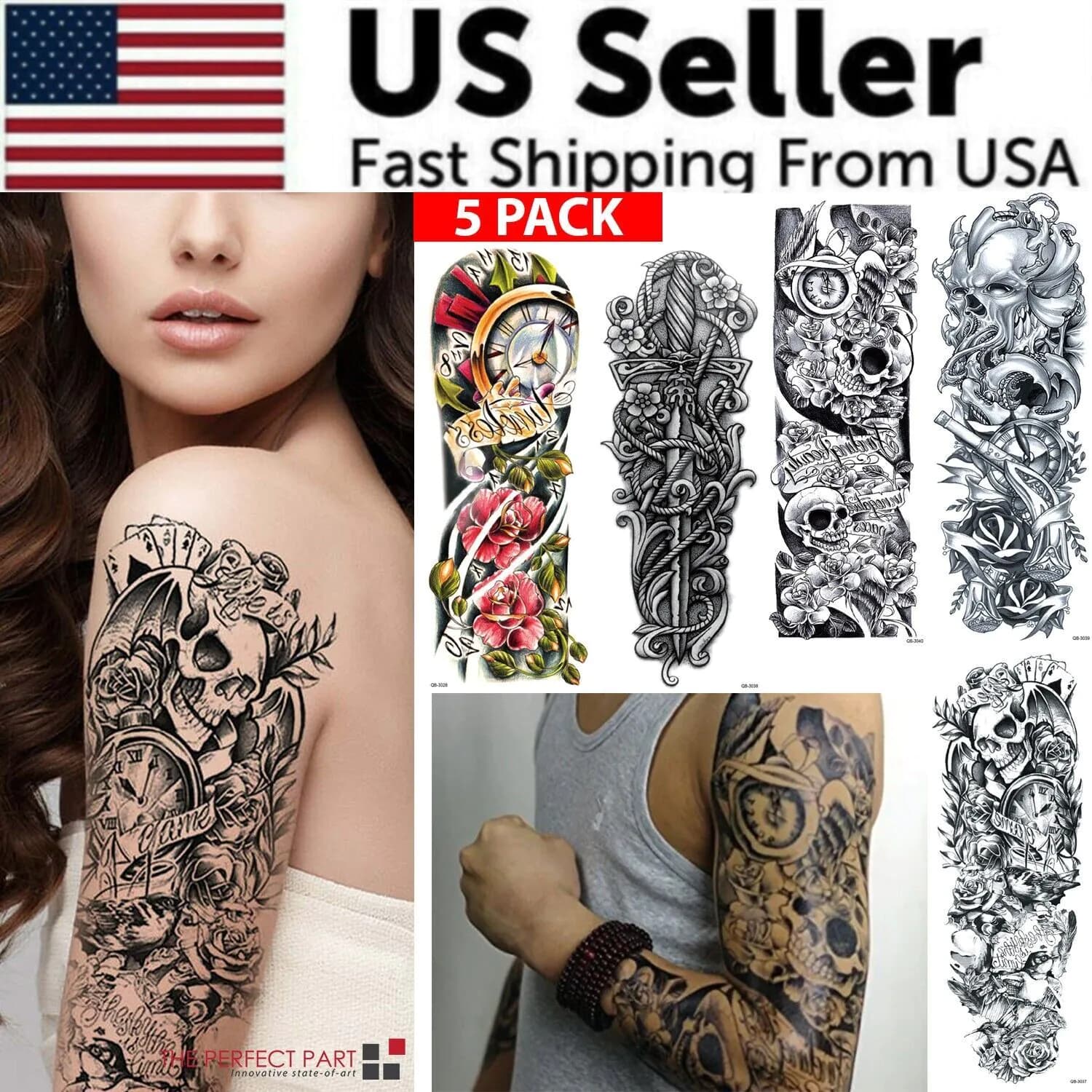 image-5Pcs Large Temporary Body Art Arm Tattoo Sticker Sleeve Man Women