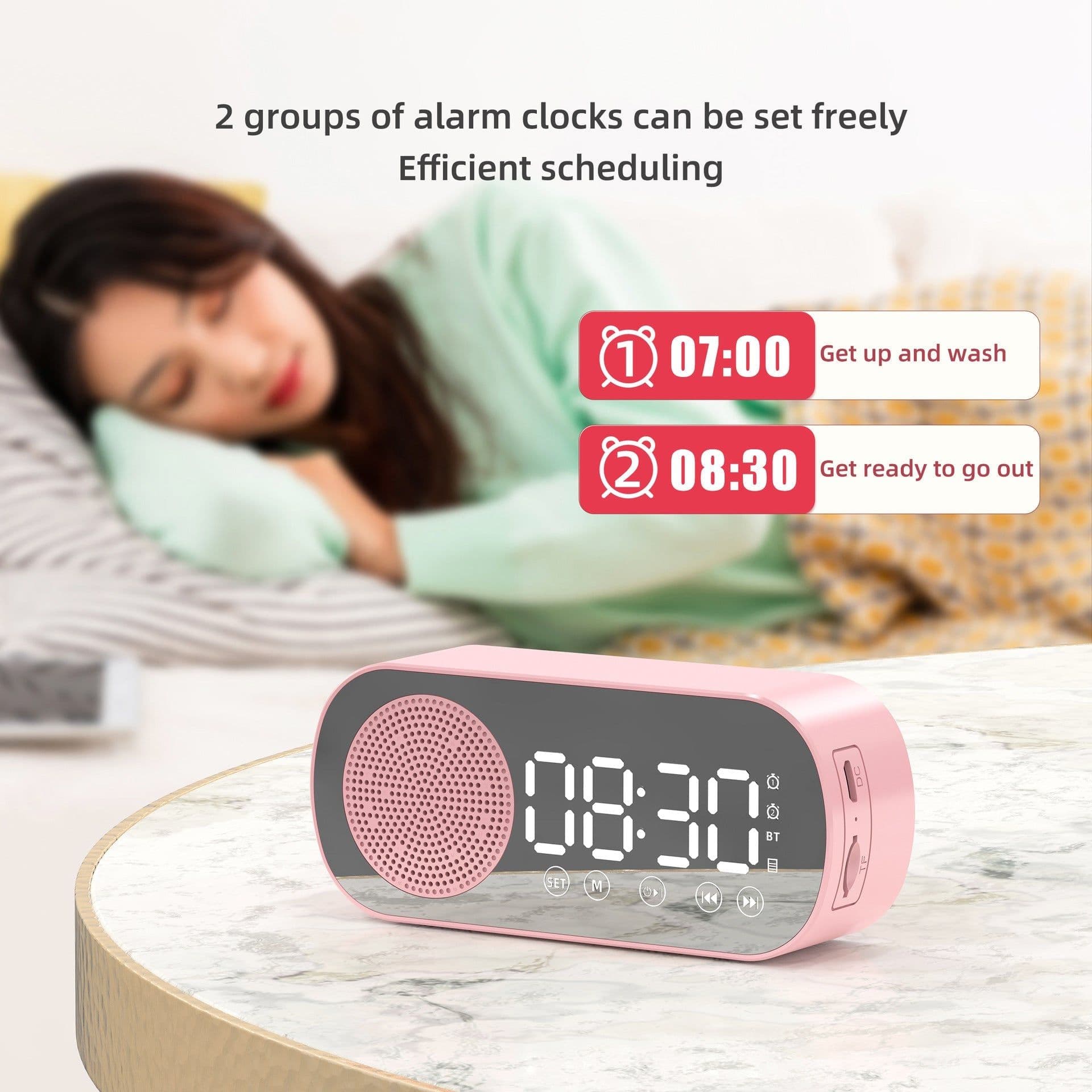 image-Music Alarm Clocks Mirror FM Radio LED Bluetooth Speaker