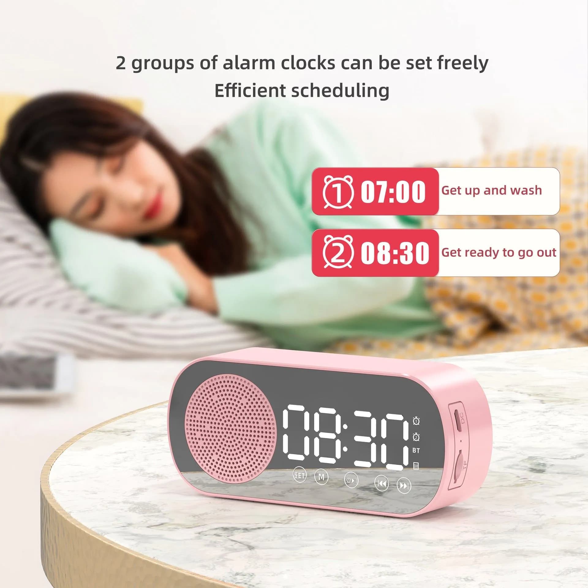 image-Music Alarm Clocks Mirror FM Radio LED Bluetooth Speaker