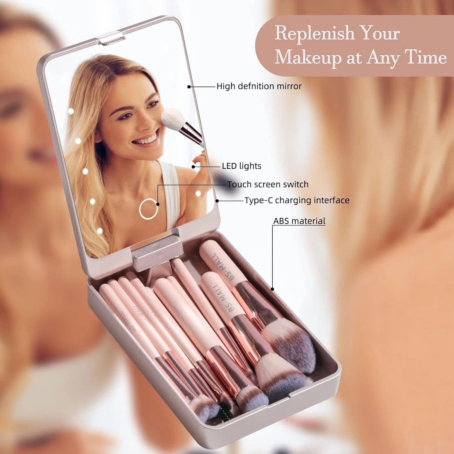 image-Versatile Luxurious Makeup Brush Set with Mini LED Light Mirror -